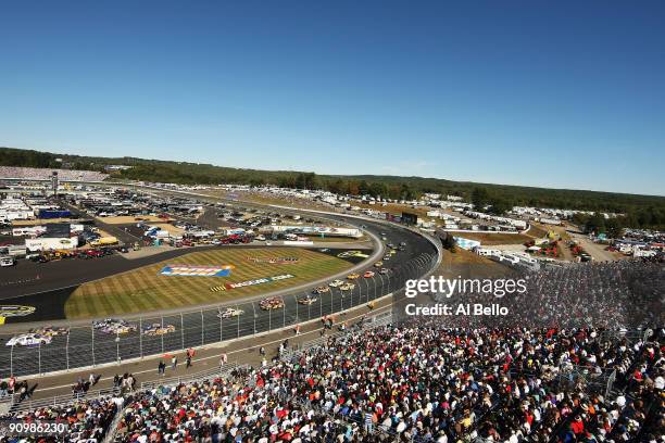 General view of race action during the NASCAR Sprint Cup Series Sylvania 300 at the New Hampshire Motor Speedway on September 20, 2009 in Loudon, New...