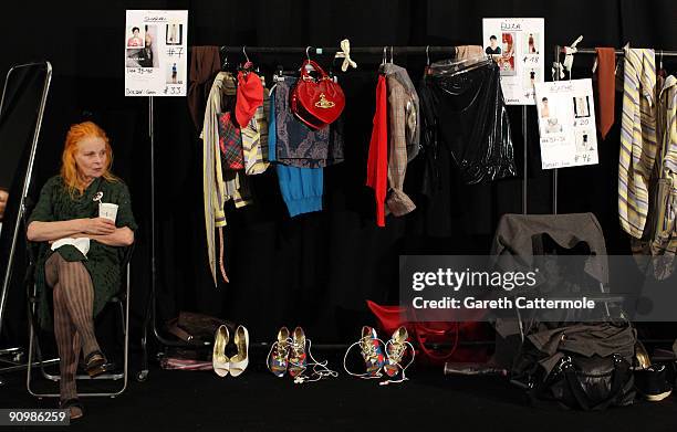 Designer Vivienne Westwood sits backstage before her Vivienne Westwood Red Label Fashion Show on September 20, 2009 in London, England.