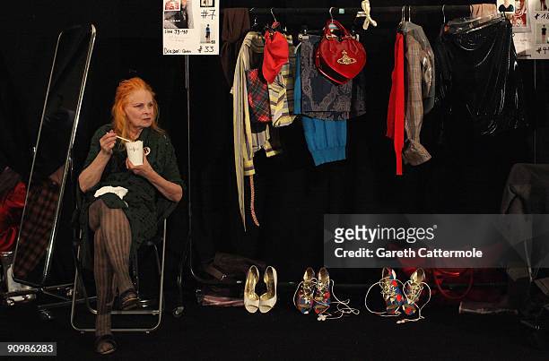 Designer Vivienne Westwood sits backstage before her Vivienne Westwood Red Label Fashion Show on September 20, 2009 in London, England.