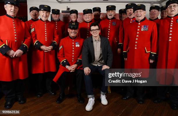 Asa Butterfield poses with Chelsea Pensioners at the screening and Q&A of "Journey's End" at Picturehouse Central on January 24, 2018 in London,...