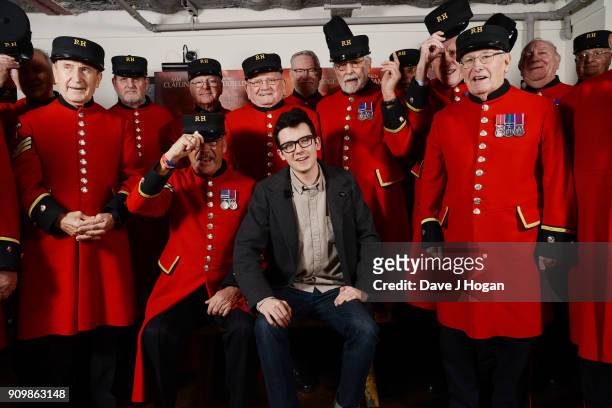 Asa Butterfield poses with Chelsea Pensioners at the screening and Q&A of "Journey's End" at Picturehouse Central on January 24, 2018 in London,...