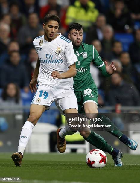 Achraf Hakimi of Real Madrid competes for the ball with Diego Rico of Leganes during the Spanish Copa del Rey, Quarter Final, Second Leg match...