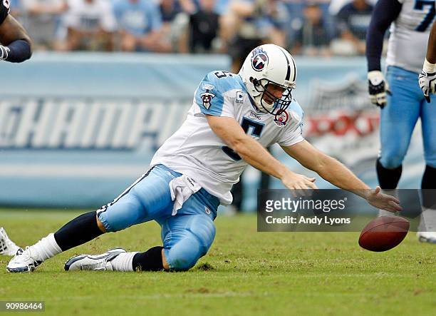 Kerry Collins of the Tennessee Titans fumbles the ball to end the Titans final drive during the NFL game against the Houston Texans at LP Field on...