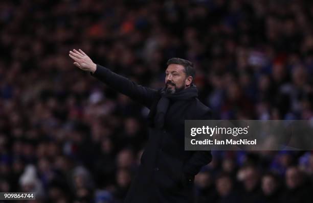 Aberdeen manager Derek McInnes is seen during the Ladbrokes Scottish Premiership match between Rangers and Aberdeen at Ibrox Stadium on January 24,...