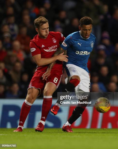 Greg Stewart of Aberdeen vies with James Tavernier of Rangers during the Ladbrokes Scottish Premiership match between Rangers and Aberdeen at Ibrox...