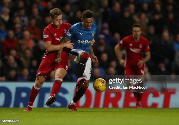 Greg Stewart of Aberdeen vies with James Tavernier of Rangers during the Ladbrokes Scottish Premiership match between Rangers and Aberdeen at Ibrox...