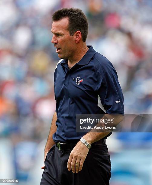 Gary Kubiak the Head Coach of the Houston Texans is pictured during the NFL game against the Tennessee Titans at LP Field on September 20, 2009 in...