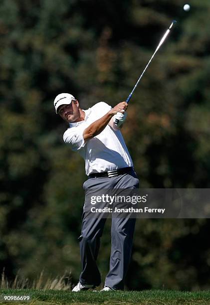 Blake Adams tees off on the 6th hole during the final round of the Albertson's Boise Open at Hillcrest Country Club on September 20, 2009 in Boise,...