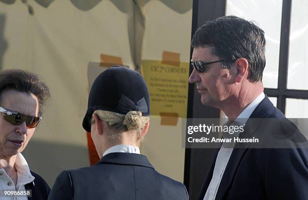 Princess Anne, The Princess Royal and her husband Vice Admiral Timothy Laurence chat to Zara Phillips during the Gatcombe Horse Trials Three Day...