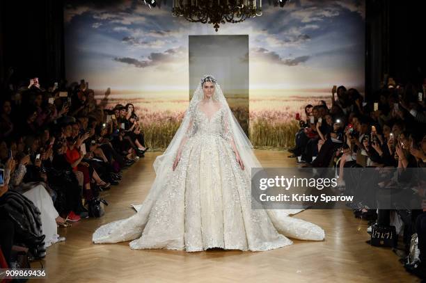 Model walks the runway during the Ziad Nakad Spring Summer 2018 show as part of Paris Fashion Week on January 24, 2018 in Paris, France.