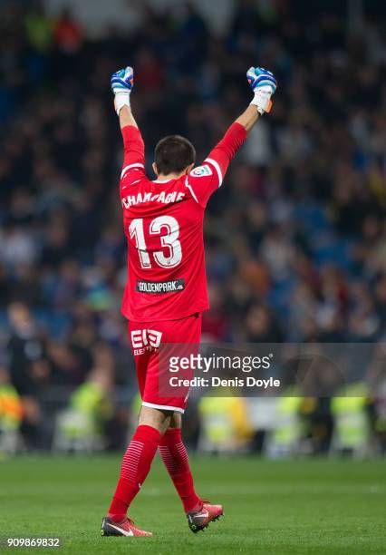 Nereo Champagne of CD Leganes celebrates after his team scored their second goal during the Copa del Rey, Quarter Final, Second Leg match between...