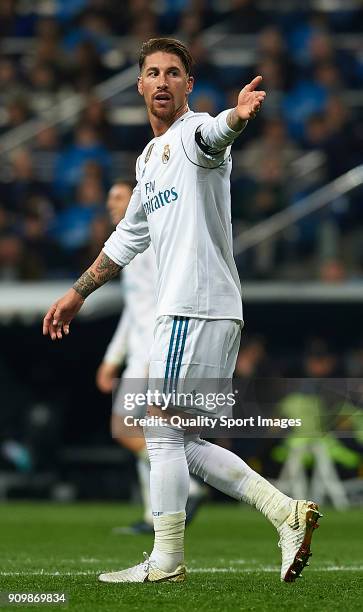 Sergio Ramos of Real Madrid reacts during the Spanish Copa del Rey Quarter Final Second Leg match between Real Madrid and Leganes at Bernabeu on...