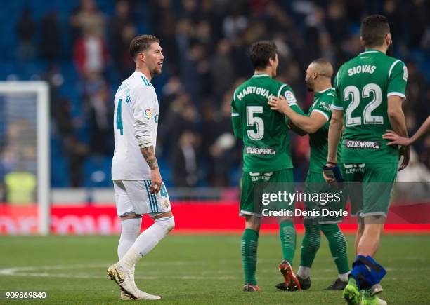 Sergio Ramos of Real Madrid leaves the pitch after his team was beaten 2-1 by Leganes and knocked out of the during the Copa del Rey, Quarter Final,...