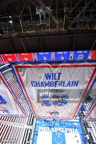 Banner hangs of Wilt Chamberlain of the Philadelphia 76ers against the Chicago Bulls at Wells Fargo Center on January 24, 2018 in Philadelphia,...