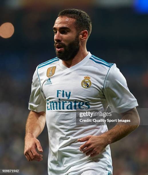 Daniel Carvajal of Real Madrid looks on during the Spanish Copa del Rey Quarter Final Second Leg match between Real Madrid and Leganes at Bernabeu on...