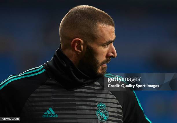 Karim Benzema of Real Madrid warms up prior to the Spanish Copa del Rey Quarter Final Second Leg match between Real Madrid and Leganes at Bernabeu on...