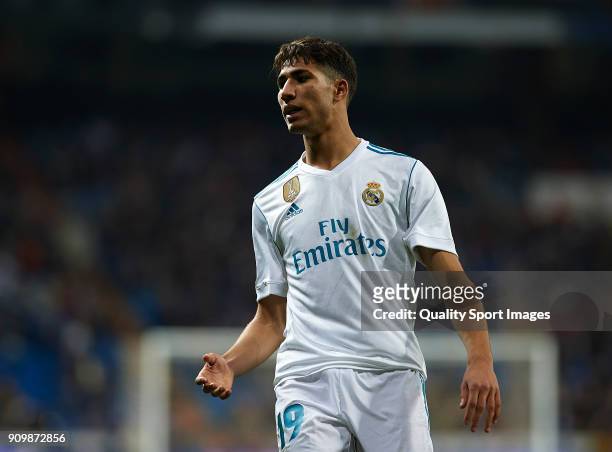 Achraf Hakimi of Real Madrid reacts during the Spanish Copa del Rey Quarter Final Second Leg match between Real Madrid and Leganes at Bernabeu on...