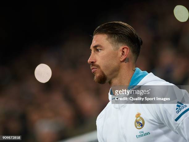 Sergio Ramos of Real Madrid looks on prior to the Spanish Copa del Rey Quarter Final Second Leg match between Real Madrid and Leganes at Bernabeu on...
