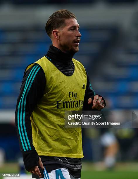 Sergio Ramos of Real Madrid warms up prior to the Spanish Copa del Rey Quarter Final Second Leg match between Real Madrid and Leganes at Bernabeu on...