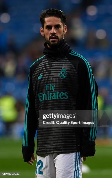 Isco of Real Madrid warms up prior to the Spanish Copa del Rey Quarter Final Second Leg match between Real Madrid and Leganes at Bernabeu on January...