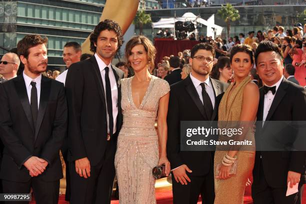 Actors Kevin Connolly, Adrian Grenier, Perrey Reeves, Jerry Ferrara, Jamie-Lynn Sigler and Rex Lee arrive at the 61st Primetime Emmy Awards held at...