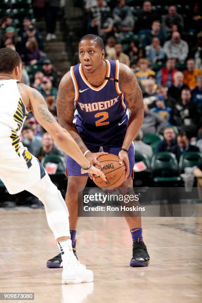Isaiah Canaan of the Phoenix Suns handles the ball during the game against the Indiana Pacers on January 24, 2018 at Bankers Life Fieldhouse in...