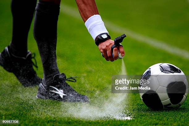The referee Armando Archundia uses a special spray to mark the distance of free shot, during their match in the 2009 Opening tournament, the closing...