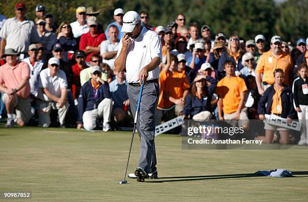 Blake Adams reacts to missing a birdie putt on the 18th hole during the final round of the Albertson's Boise Open at Hillcrest Country Club on...