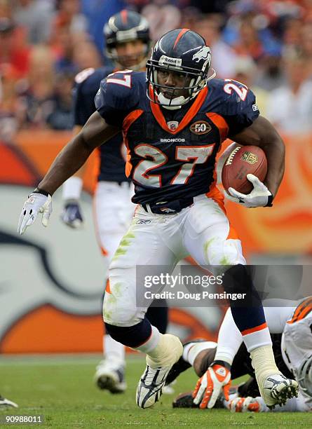 Running back Knowshon Moreno of the Denver Broncos rushes against the Cleveland Browns during NFL action at Invesco Field at Mile High on September...