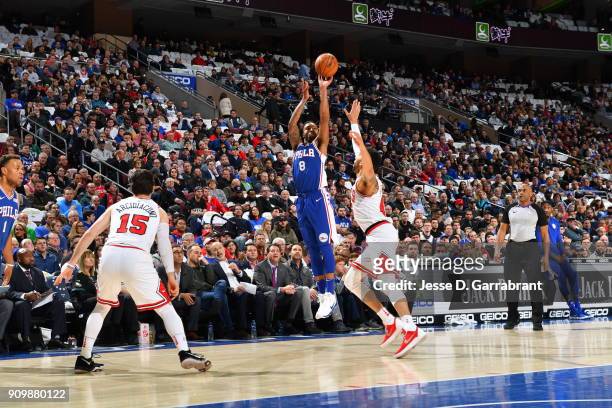 James Young of the Philadelphia 76ers shoots the ball against the Chicago Bulls at Wells Fargo Center on January 24, 2018 in Philadelphia,...
