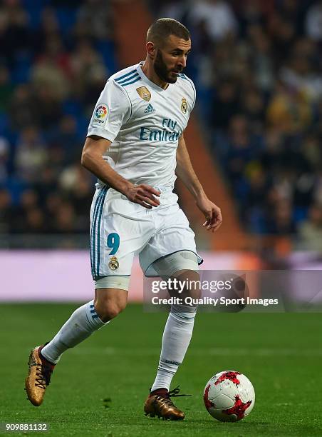 Karim Benzema of Real Madrid in action during the Spanish Copa del Rey Quarter Final Second Leg match between Real Madrid and Leganes at Bernabeu on...