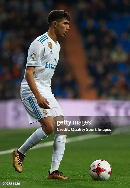 Achraf Hakimi of Real Madrid in action during the Spanish Copa del Rey Quarter Final Second Leg match between Real Madrid and Leganes at Bernabeu on...