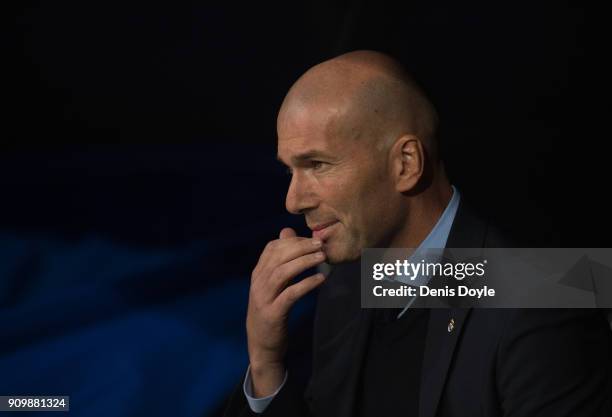 Zinedine Zidane, Manager of Real Madrid looks on during the Copa del Rey, Quarter Final, Second Leg match between Real Madrid and Leganes at the...