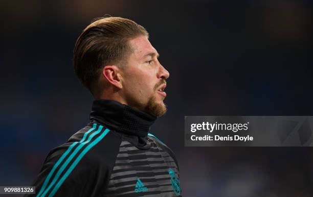 Sergio Ramos of Real Madrid warms up before the Copa del Rey, Quarter Final, Second Leg match between Real Madrid and Leganes at the Santiago...