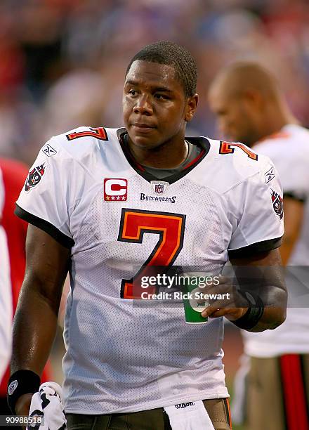 Byron Leftwich of the Tampa Bay Buccaneers stands on the sidelines against the Buffalo Bills at Ralph Wilson Stadium on September 20, 2009 in Orchard...