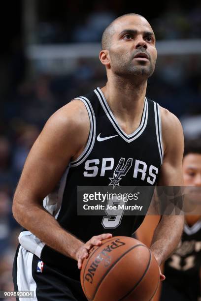 Tony Parker of the San Antonio Spurs shoots a free throw against the Memphis Grizzlies on January 24, 2018 at FedExForum in Memphis, Tennessee. NOTE...