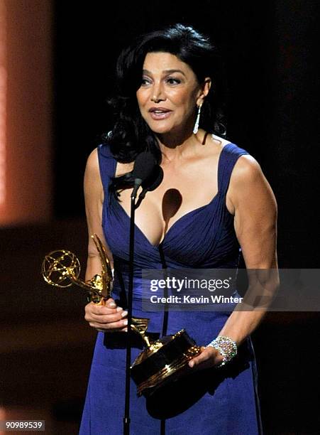 Actress Shohreh Aghdashloo accepts the Outstanding Supporting Actress in a Miniseries or Movie award for "House Of Saddam" onstage during the 61st...