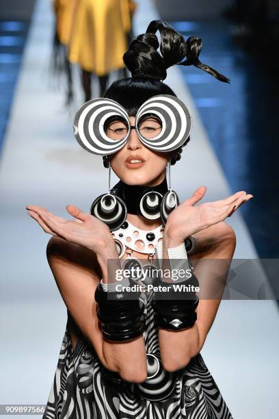 Anna Cleveland walks the runway during the Jean-Paul Gaultier Spring Summer 2018 show as part of Paris Fashion Week on January 24, 2018 in Paris,...