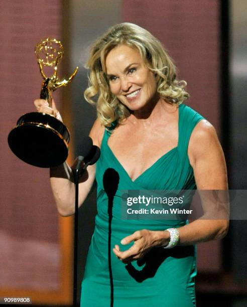 Actress Jessica Lange accepts the Outstanding Lead Actress In A Miniseries Or A Movie award for "Grey Gardens" onstage during the 61st Primetime Emmy...