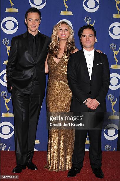 Actor Jim Parsons, Actress Kaley Cuoco and Actor Johnny Galecki pose in the press room at the 61st Primetime Emmy Awards held at the Nokia Theatre on...