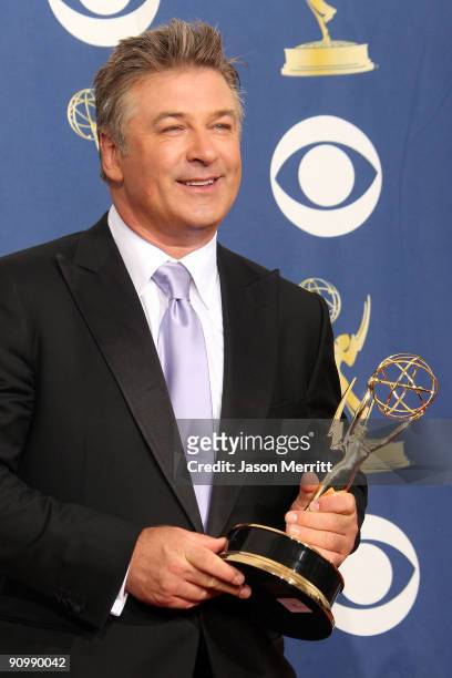 Actor Alec Baldwin poses in the press room with his Emmy for Outstanding Lead Actor in a Comedy Series for "30 Rock" at the 61st Primetime Emmy...