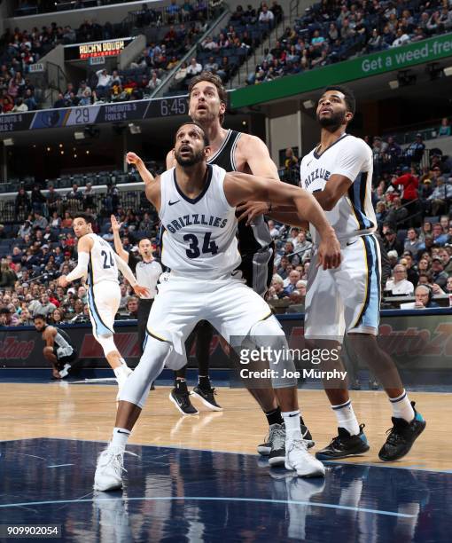 Brandan Wright of the Memphis Grizzlies boxes out against the San Antonio Spurs on January 24, 2018 at FedExForum in Memphis, Tennessee. NOTE TO...