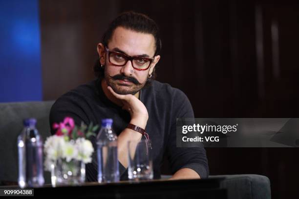 Bollywood actor Aamir Khan attends 'Secret Superstar' press conference on January 24, 2018 in Beijing, China.