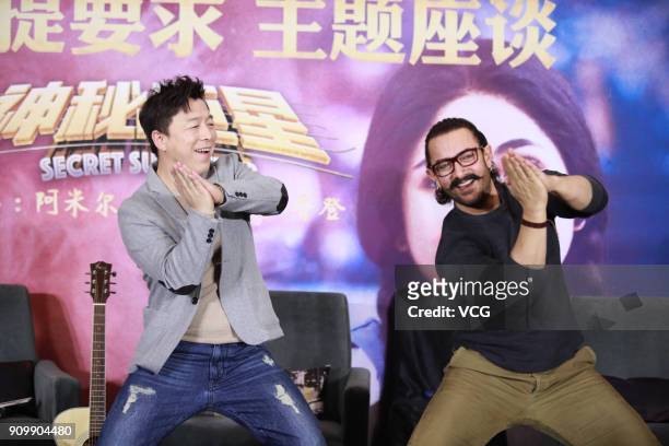 Chinese actor Huang Bo and Bollywood actor Aamir Khan attend 'Secret Superstar' press conference on January 24, 2018 in Beijing, China.
