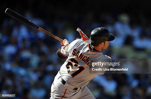 Freddy Sanchez of the San Francisco Giants at bat against the Los Angeles Dodgers at Dodger Stadium on September 20, 2009 in Los Angeles, California.