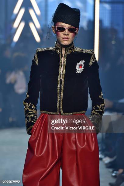 Model walks the runway during the Alexandre Vauthier Haute Couture Spring Summer 2018 show as part of Paris Fashion Week on January 23, 2018 in...