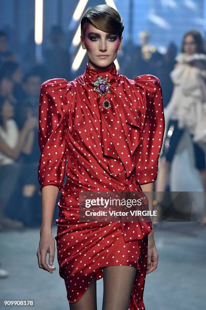 Model walks the runway during the Alexandre Vauthier Haute Couture Spring Summer 2018 show as part of Paris Fashion Week on January 23, 2018 in...