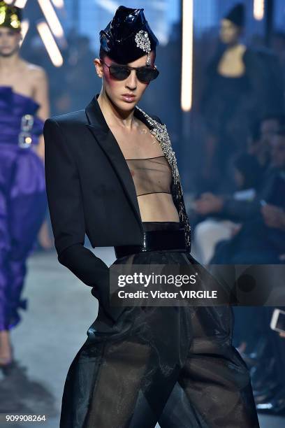 Model walks the runway during the Alexandre Vauthier Haute Couture Spring Summer 2018 show as part of Paris Fashion Week on January 23, 2018 in...