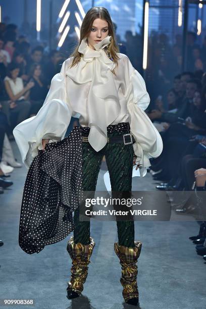 Model walks the runway during the Alexandre Vauthier Haute Couture Spring Summer 2018 show as part of Paris Fashion Week on January 23, 2018 in...