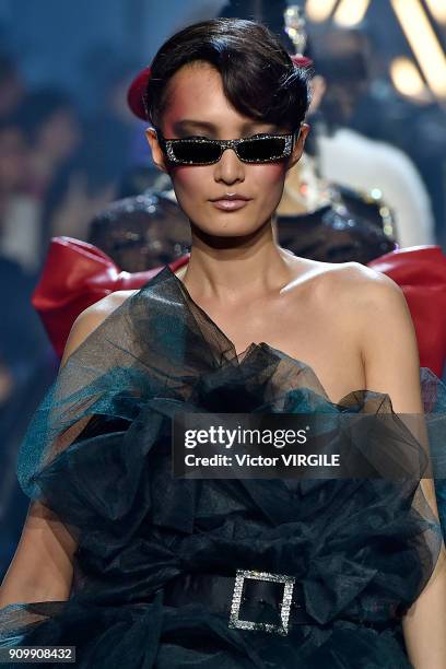 Model walks the runway during the Alexandre Vauthier Haute Couture Spring Summer 2018 show as part of Paris Fashion Week on January 23, 2018 in...